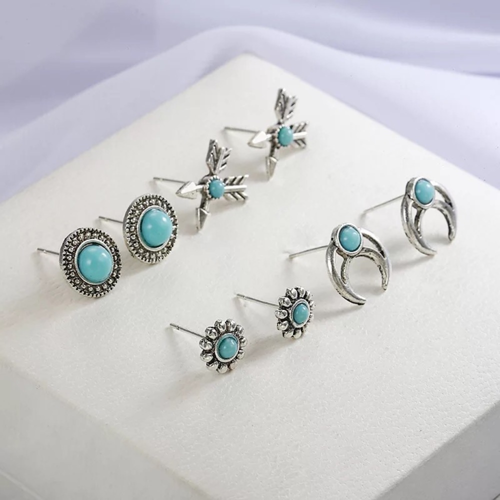 4 Pair Boho Arrows Turquoise and Silver Earrings - Picture 7 of 7